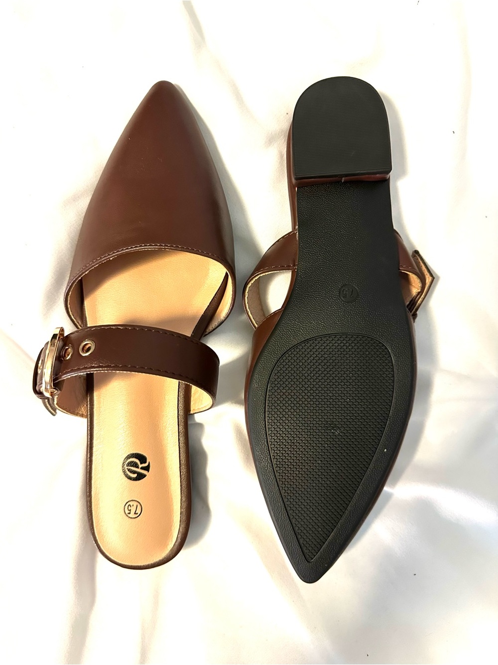 Mules Pointed Toe Brown Leatherette Women's Slingback Flats with Gold Buckle